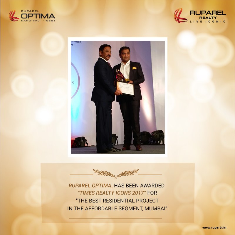Ruparel Optima awarded "Times Realty Icons 2017" for "The Best Residential Project" in the Affordable Segment, Mumbai